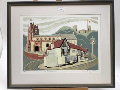 Lot 141 - Penny Berry Patterson (1941-2021) colour linocut, Castle Hedingham, signed titled and numbered 10/20: imsge 29 x 41cm, glazed frame