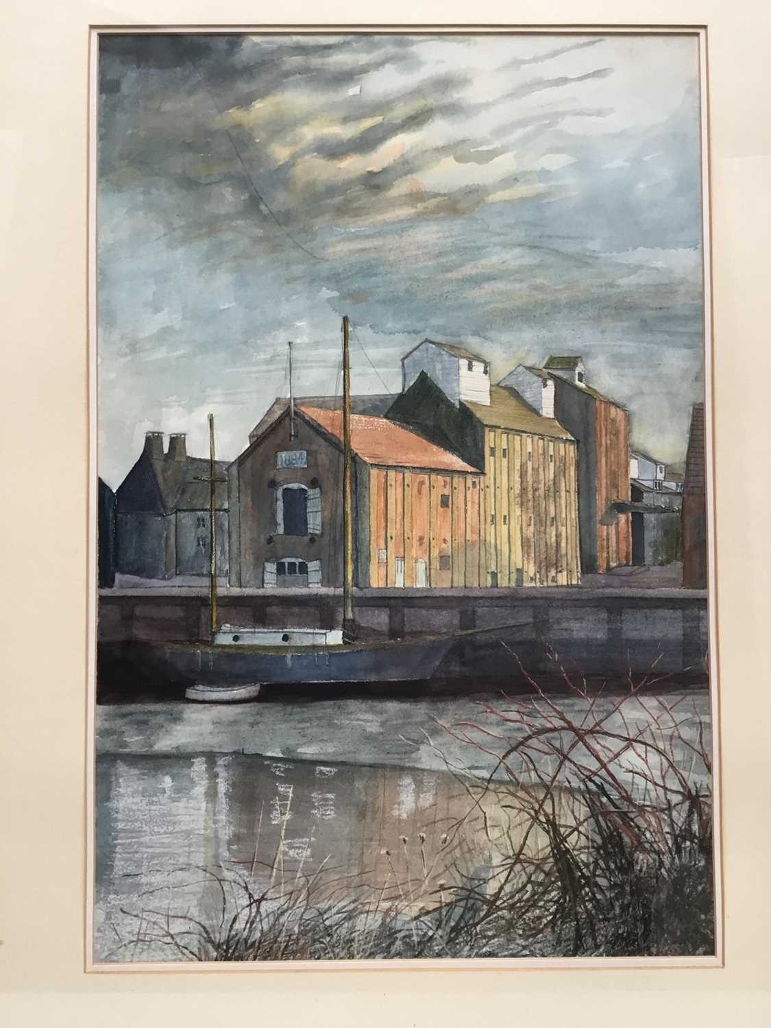Lot 154 - Philip Hawksley (20th century) watercolour, quayside scene, 59 x 38cm, glazed frame
