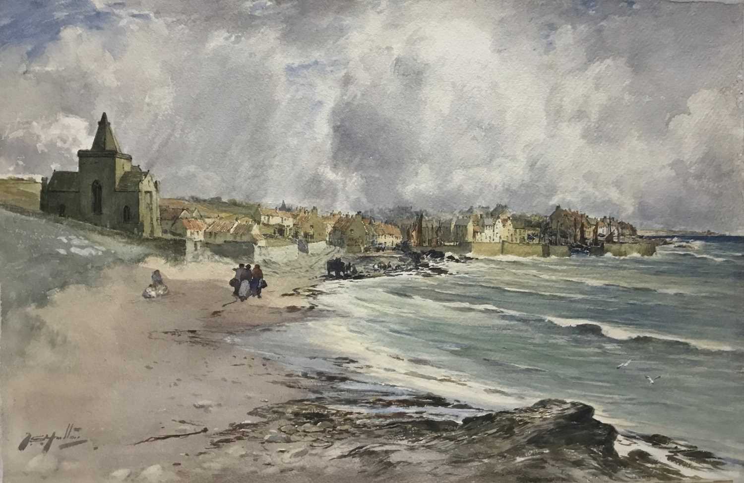 Lot 156 - Thomas Swift Hutton (c. 1860-1935) watercolour on board - St Monans, Fife Coast, signed, titled to label verso, 39 x 56cm