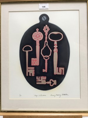 Lot 146 - Penny Berry Paterson (1941-2021), colour linocut 'Key Collection', signed, titled numbered 1/20, image, 30 x 20cm glazed frame