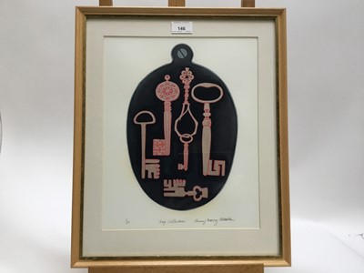 Lot 146 - Penny Berry Paterson (1941-2021), colour linocut 'Key Collection', signed, titled numbered 1/20, image, 30 x 20cm glazed frame