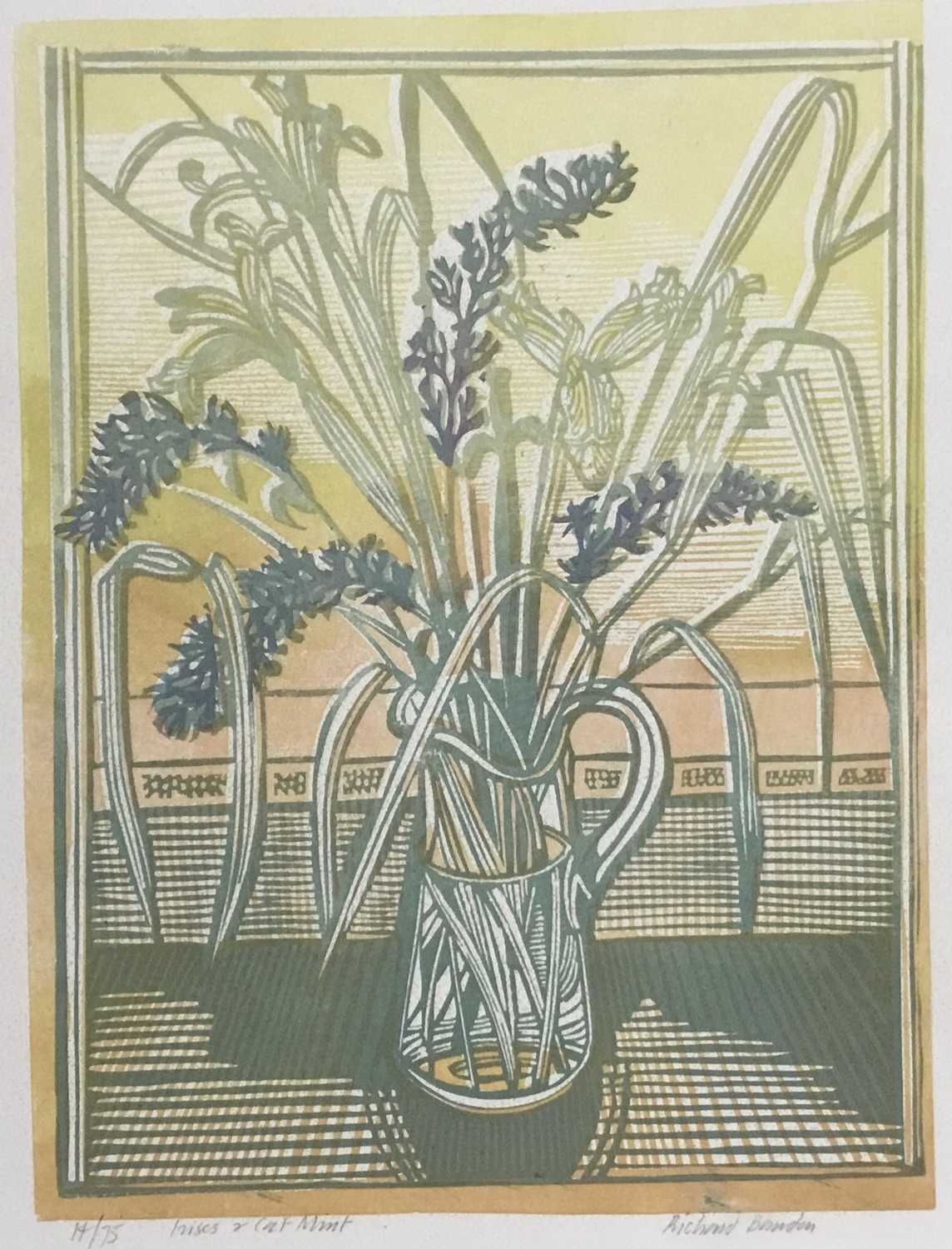Lot 159 - Richard Bawden (b. 1936) colour print, Irises and Cat Mint, signed, titled and numbered 14/75, image 34 x 24cm