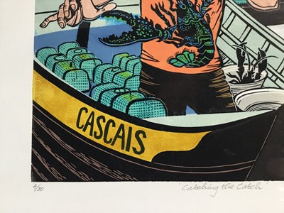 Lot 147 - Penny Berry Paterson (1941-2021) colour linocut - Catching the catch, signed titled and numbered 4/30, 42 x 33cm