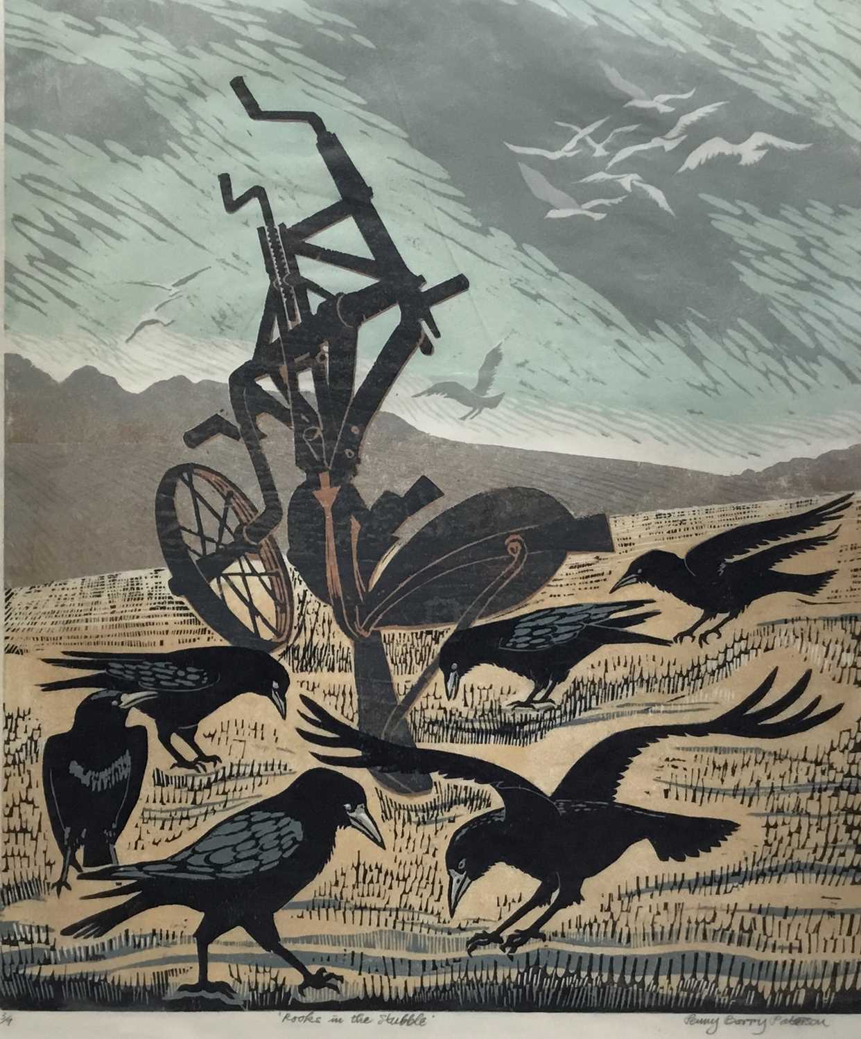 Lot 148 - Penny Berry Paterson (1941-2021) colour woodcut print, Rooks in the stubble, signed and numbered 3/7, 60 x 49cm