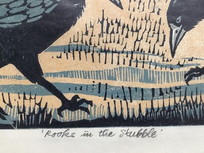 Lot 148 - Penny Berry Paterson (1941-2021) colour woodcut print, Rooks in the stubble, signed and numbered 3/7, 60 x 49cm