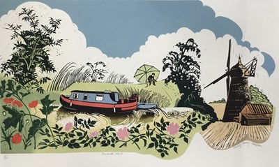 Lot 37 - Penny Berry Paterson (1941-2021) colour woodcut print, Barnack Mill, signed titled and numbered 17/20, image 28 x 66cm