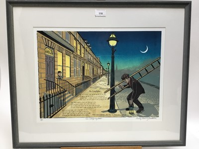Lot 118 - Penny Berry Paterson (1941-2021) colour linocut, The lamplighter, signed titled and numbered 2/12, image 31 x 43cm, glazed frame