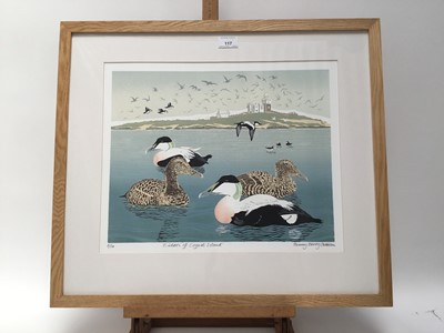 Lot 117 - Penny Berry Paterson (1941-2021) colour linocut, Eiders off Coguet Island, signed, titled and numbered 4/20, image 32 x 42cm, framed