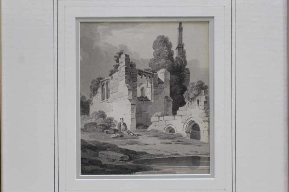 Lot 1320 - Paul Sandby Munn (1773-1845) monochrome watercolour of a boy seated before ruins