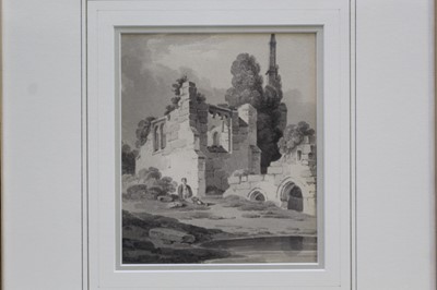 Lot 1320 - Paul Sandby Munn (1773-1845) monochrome watercolour of a boy seated before ruins