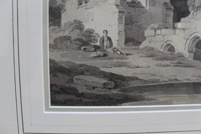 Lot 1320 - Paul Sandby Munn (1773-1845) monochrome watercolour of a boy seated before ruins