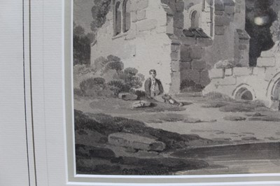 Lot 1320 - Paul Sandby Munn (1773-1845) monochrome watercolour of a boy seated before ruins