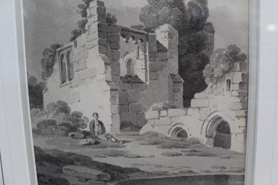 Lot 1320 - Paul Sandby Munn (1773-1845) monochrome watercolour of a boy seated before ruins