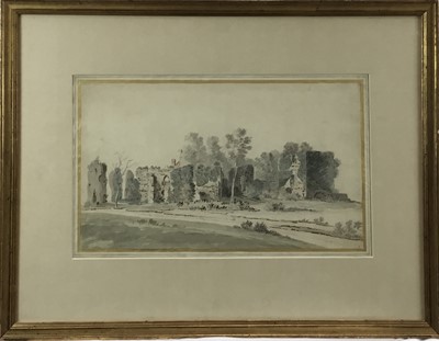 Lot 1323 - English School, early 18th century, monochrome pen, ink and watercolour - Castle Ruins, with mark for Jonathan Richardson the Younger's Collectors mark (L.2170).