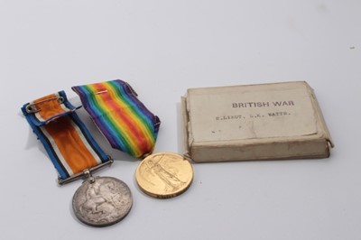 Lot 700 - First World War medal pair comprising War and Victory medals named to 2. Lieut. L. K. Watts, together with one box of issue