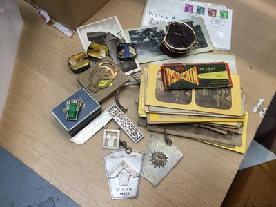 Lot 324 - 1920's silver Masonic jewel dated 1928, together with other Masonic jewels, gramaphone needles, stereoscopic viewing cards, Anglo Indian figures and sundries