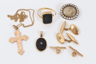 Lot 572 - Russian gold cross pendant, seed pearl mourning brooch, signet ring, cross, onyx pendant and two studs