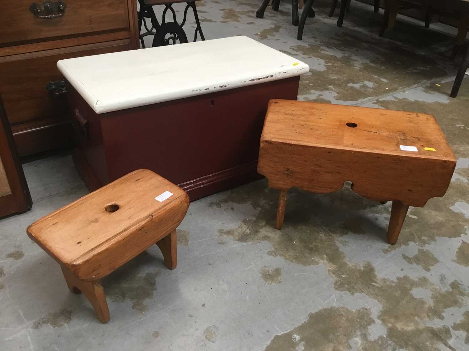 Lot 925 - Two early 20th century pine milking stools and blanket box (3)