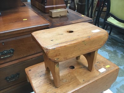 Lot 925 - Two early 20th century pine milking stools and blanket box (3)