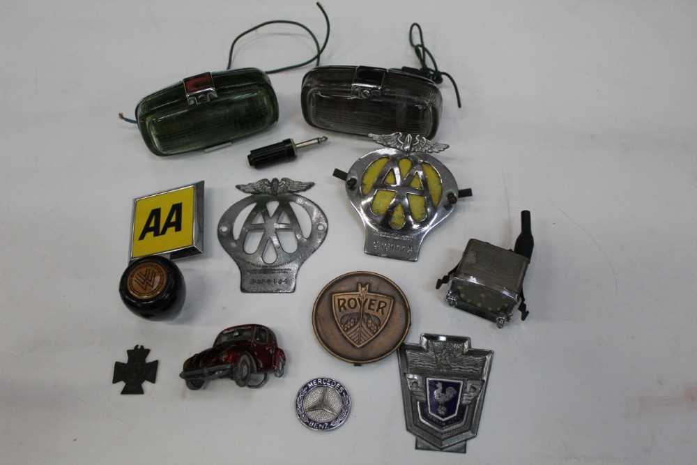 Lot 2017 - Pair of Lucas lights in chrome surrounds, three AA badges and other car badges (1 box)