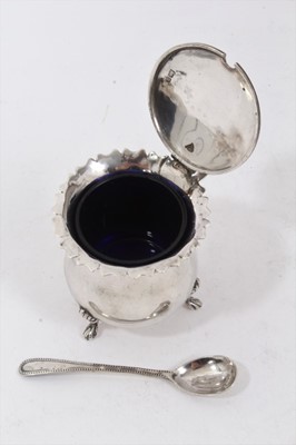 Lot 245 - Late Victorian silver mustard  pot of baluster form, with shaped rim and scroll handle