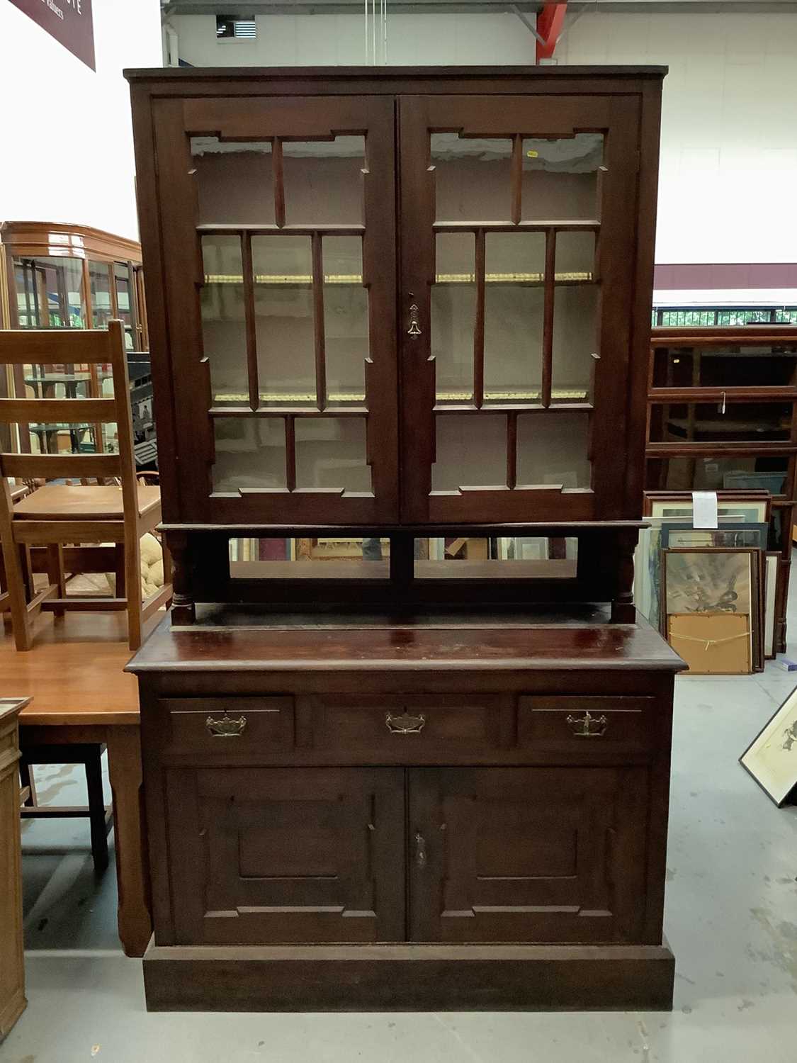 Lot 856 - Edwardian stained two height dresser with glazed doors