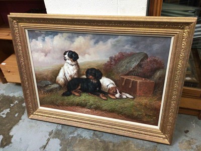 Lot 241 - Large gilt framed oil painting of three dogs, in the style of Landseer