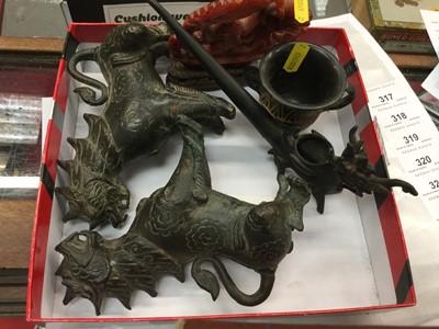 Lot 317 - Two bronze oriental figures of lions together with other oriental items (5)