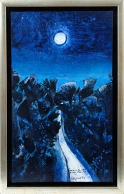 Lot 1721 - *Keith Grant (b.1930) acrylic, watercolour, ink and varnish on board – “White in the moon the long roads lies...”