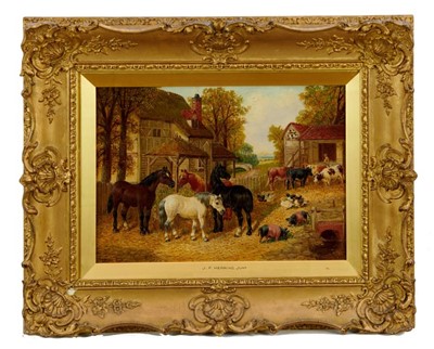 Lot 1222 - John Frederick Herring Junior (1815-1907) - pair of oils on canvas - farm yard with horses, pigs, chickens and ducks. 24cm x 34.5cm