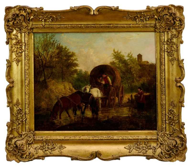 Lot 1227 - Thomas Smythe - oil on canvas - horse drawn wagon crossing stream