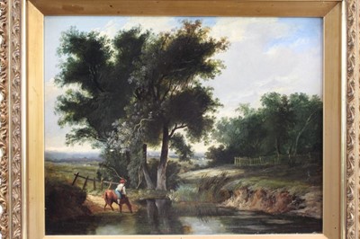 Lot 1087 - Joseph Paul (1804-1887) - Norwich School- oil on board- landscape with figure on horse at a stream