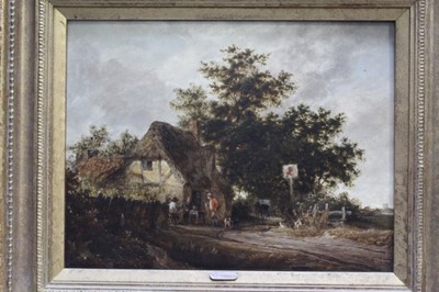 Lot 1224 - Manner of Richard Hilder - 19th century oil on mahogany board - figures drinking outside a country tavern, the Red Lion. 25.5cm x 33.5cm