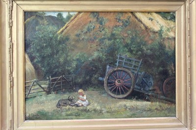 Lot 1225 - Pair of 19th century Continental school oils on canvas - figures and hay carts, depicting a child with dog and a lady feeding chickens 25.5cm x 36cm