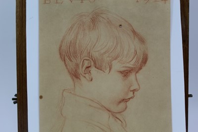 Lot 1862 - Henry Matthew Brock, RI, (1875-1960) pastel on tinted paper - portrait of a young boy, Bevis 1924, signed and inscribed, unframed, 32cm x 21cm 
Provenance: Chris Beetles Ltd. London
