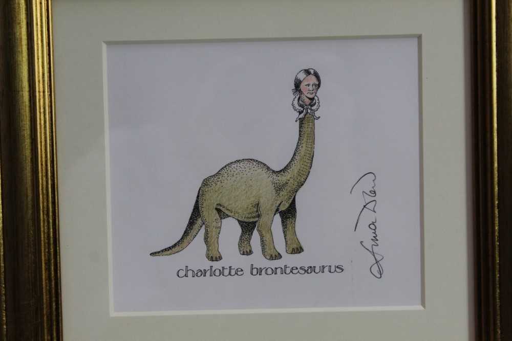 Lot 1757 - Simon Drew (b.1952) pen, ink and coloured pencil - Charlotte Brontesaurus, signed, in glazed gilt frame, 13cm x 15cm 
Provenance: Chris Beetles Ltd. London