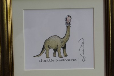 Lot 1757 - Simon Drew (b.1952) pen, ink and coloured pencil - Charlotte Brontesaurus, signed, in glazed gilt frame, 13cm x 15cm 
Provenance: Chris Beetles Ltd. London