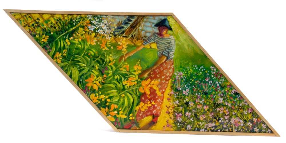 Lot 1728 - *Anthony Green (b.1939) oil on shaped board - Orange Lilies, Mary and Japanese Anemones, signed, inscribed and dated 2015 verso, 19cm x 43cm overall 
Provenance: Chris Beetles Ltd. London
