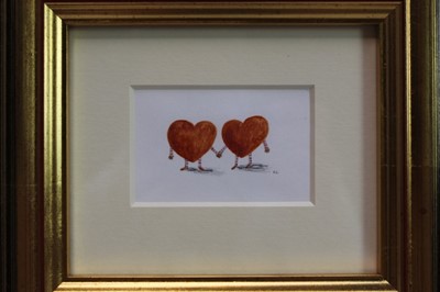 Lot 1745 - Rebecca Cobb (b.1982) coloured pencil and watercolour – Gingerbread Valentines, initialled, in glazed gilt frame, 4.5cm x 7cm 
Provenance: Chris Beetles Ltd. London