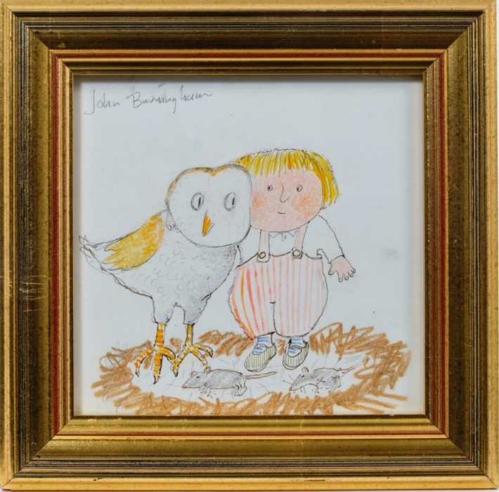 Lot 1874 - John Burningham (1936-2019) pen, ink, watercolour and crayon illustration – To Hoot With Owls Is Really Fun..., signed, in glazed gilt frame, 16cm square 
Provenance: Chris Beetles Ltd. London