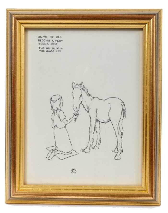 Lot 1827 - William Heath Robinson (1872-1944) pen and ink illustration - ‘Until he had become a very young colt’, inscribed, in glazed gilt frame, 17cm x 13cm 
Provenance: Chris Beetles Ltd. London