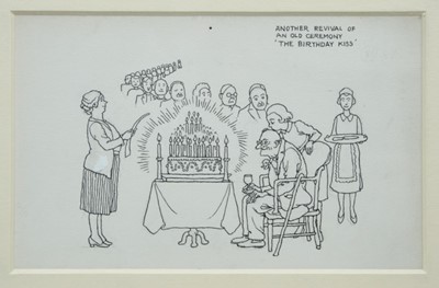 Lot 1826 - William Heath Robinson (1872-1944) pen and ink illustration - The Birthday Kiss, inscribed, in glazed gilt frame, 11.5cm x 18cm 
Provenance: Chris Beetles Ltd. London