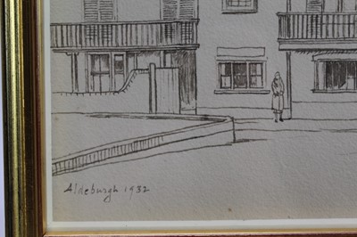 Lot 1888 - Randolph Schwabe (1885-1948) pen and ink - Crabbe Street and the Moot Hall, Aldeburgh, 1932, in glazed frame, 27cm x 37cm 
Provenance: Chris Beetles Ltd. London