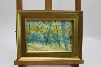 Lot 1743 - *Geraldine Girvan (b.1947) watercolour - Winter Light and Birches, signed, in glazed gilt frame, 13.5cm x 19.5cm 
Provenance: Chris Beetles Ltd. London