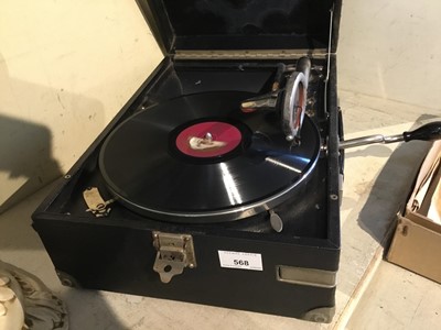 Lot 568 - 1930s HMV wind-up portable gramophone and records