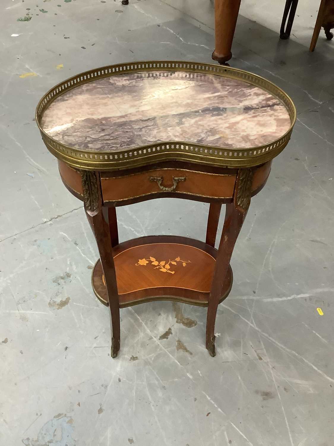 Lot 853 - French kidney shape two tier table with brass galleried marble top, drawer and floral marquetry inlaid undertier