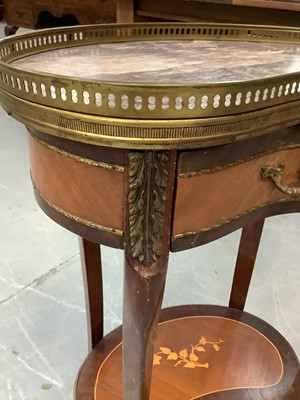 Lot 853 - French kidney shape two tier table with brass galleried marble top, drawer and floral marquetry inlaid undertier