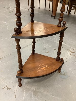 Lot 854 - Victorian inlaid figured walnut veneered four tier bow front whatnot with pierced fretwork and spiral fluted turned supports