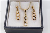 Lot 1595 - Gold (18ct) diamond three stone pendant drop...