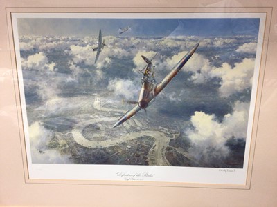 Lot 423 - Geoff Hunt signed aviation print of Spitfires together with three antique crutches (4)